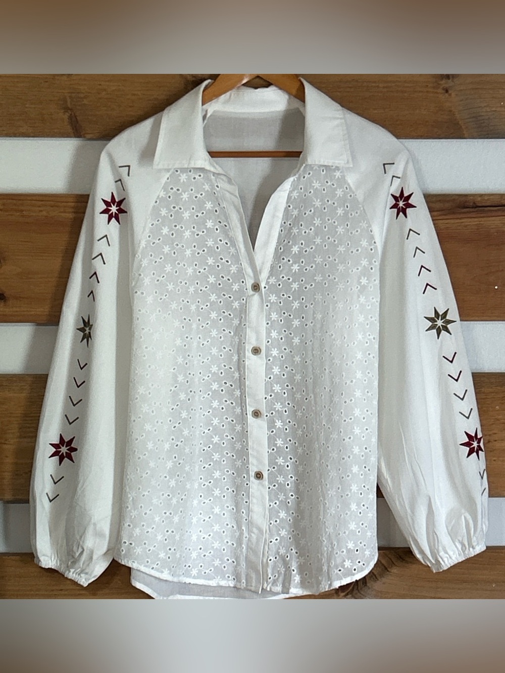 White Eyelet Puff Long Sleeve Blouse w/Embroidered Accents Boho Tribal Size S
